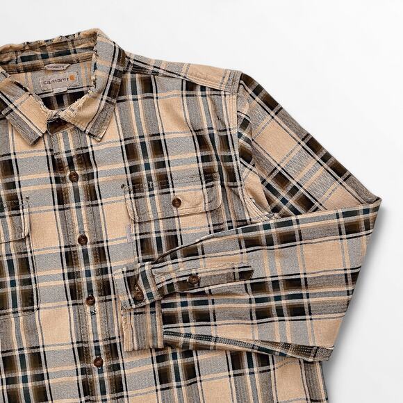 Carhartt Tartan Plaid Button Down Shirt Size XL Tall Work Brown Beige Tan Cotton - Picture 2 of 12